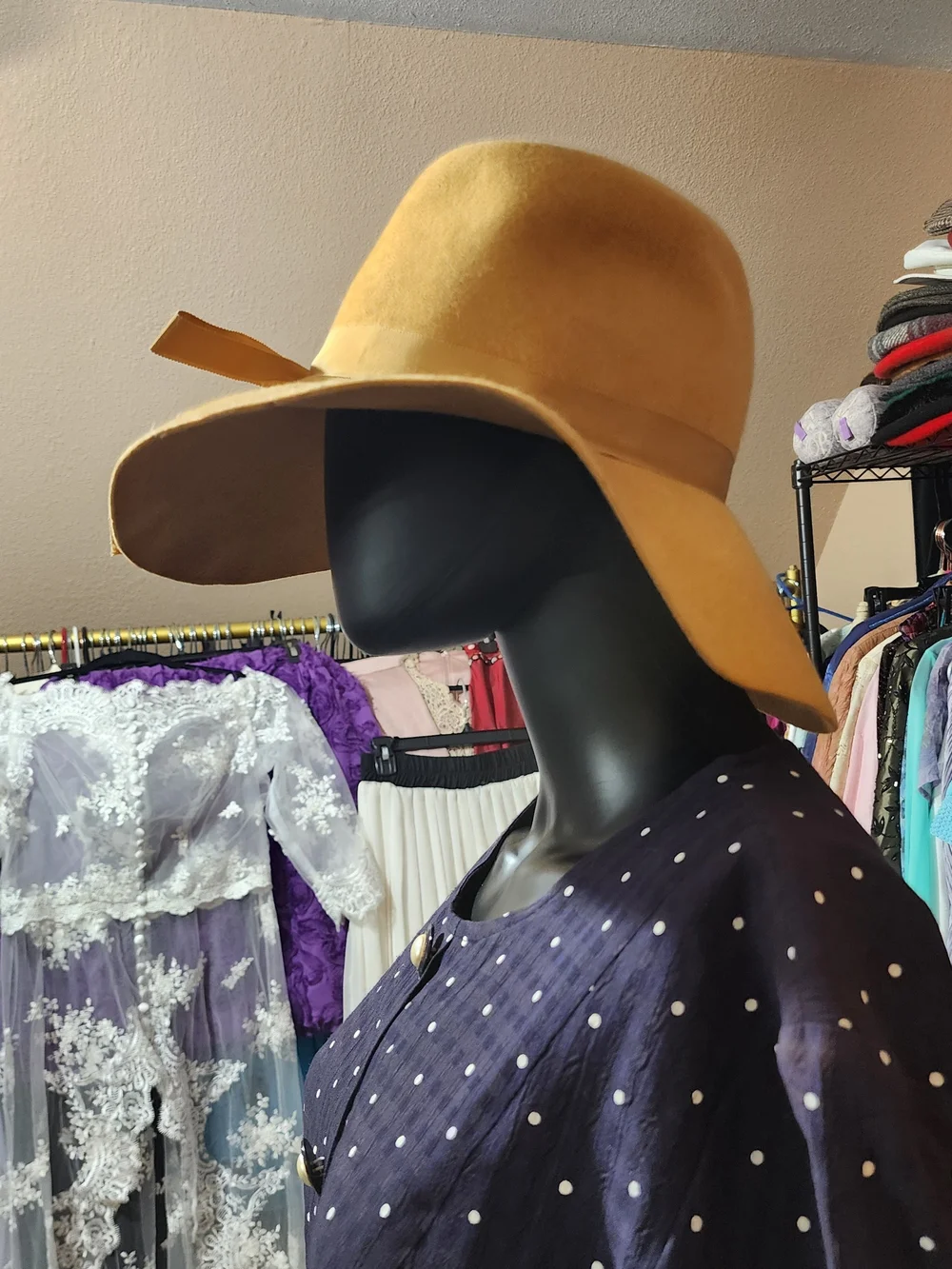 Vintage Wool Wide-Brim Hat with Ribbon Bow - Yellow - Picture 8 of 13